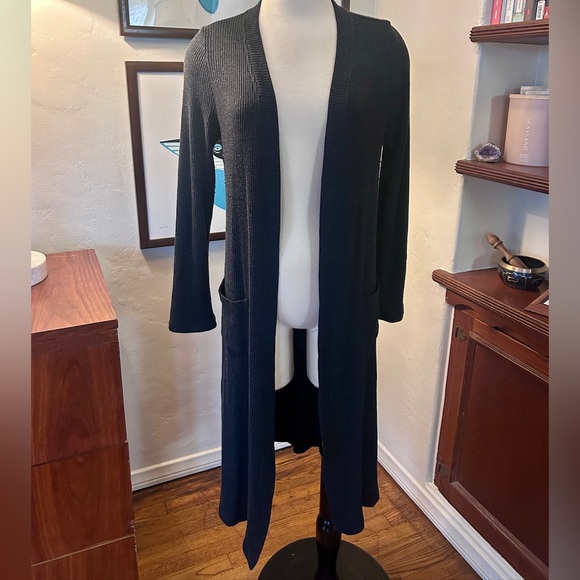 Sen Modal Blend Black Longline Duster Cardigan Sweater Size 2 Open Front Pockets - Picture 1 of 3